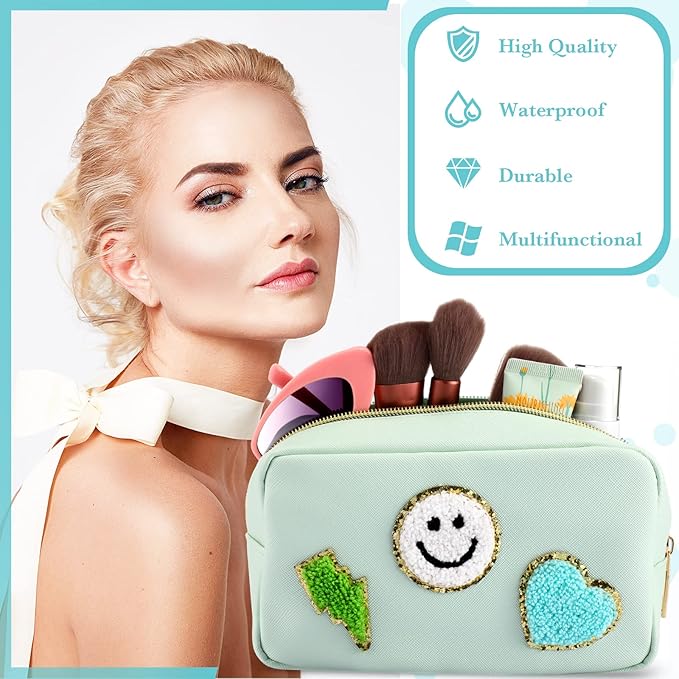 Sanwuta 4 Pcs Hair Face Skin Travel Bag Set Preppy Makeup Pouch PU Leather Skincare Bag Waterproof Cosmetic Organizer Birthday Christmas Gifts(Blue, Mint Green, Green, Malachite Green,Fresh Style)