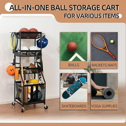 STORAGE MANIAC Ball Storage Bin Rolling Sports Ball Cart, Metal Garage Organizer Sport Rack Basketball Storage Cage for Garage or Gym, Indoor & Outdoor Sports Equipment Organizer
