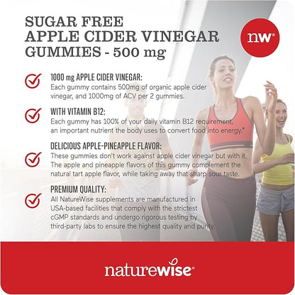 NatureWise Apple Cider Vinegar ACV Gummies - 1000mg ACV per 2, Sugar Free, Vegan - Energy & Gut Health - ACV Gummies W/Vitamin B12-90 Gummies[1.5-Month Supply for 1000mg / 3-Month Supply for 500mg]