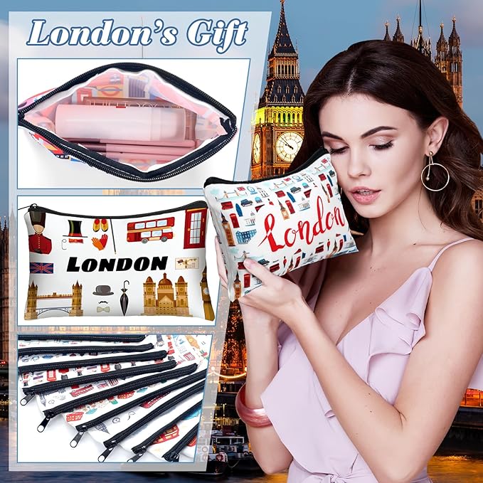 Reginary 12 Pack Cosmetic Bag Travel Souvenirs Gift Makeup Bag Lover Gifts Friendship Family Toiletry Storage for Women Vacation Traveller Trip(London)