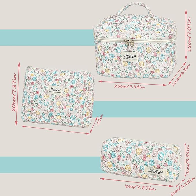 kingkiss Makeup Bag, Quilted Cosmetic Bag, Large Capacity Make Up Bag for Women, Cute Floral Storage Toiletry Bag Travel Storage Makeup Bag(Blue#2)