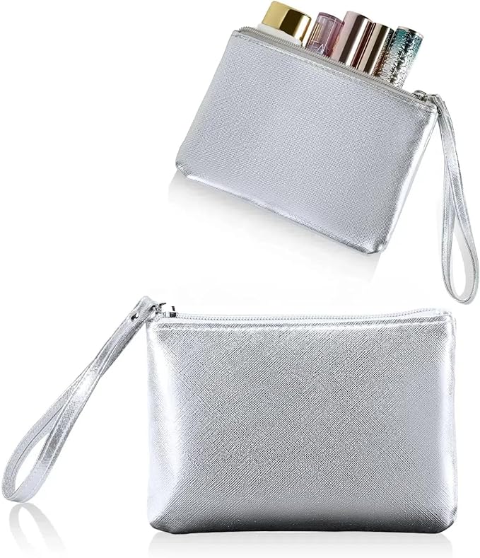 Small Makeup Bag for Purse Mini Cosmetic Pouch Zipper Little Wristlet, Tiny Make Up Organizer Lipstick Feminine Product Car Change Coin Holder for Women, 4.5 x 6.5 Clutch Stadium Approved, 1 Silver