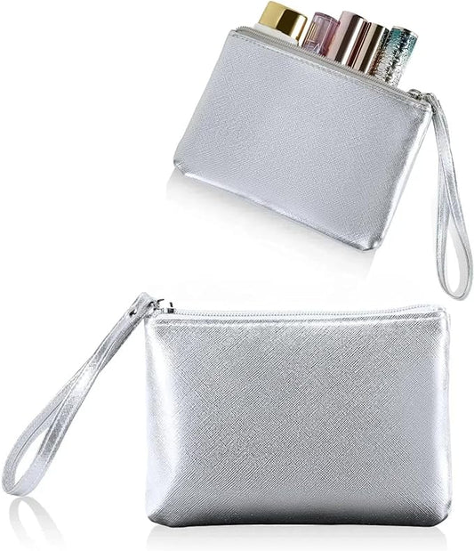 Small Makeup Bag for Purse Mini Cosmetic Pouch Zipper Little Wristlet, Tiny Make Up Organizer Lipstick Feminine Product Car Change Coin Holder for Women, 4.5 x 6.5 Clutch Stadium Approved, 1 Silver