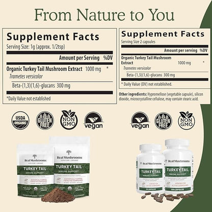 Turkey Tail Capsules - Organic Mushroom Supplement with Potent Turkey Tail Mushroom Extract for Gut, Energy, Brain, & Immune Support - Vegan Mushroom Extract, Non-GMO, 200 Caps