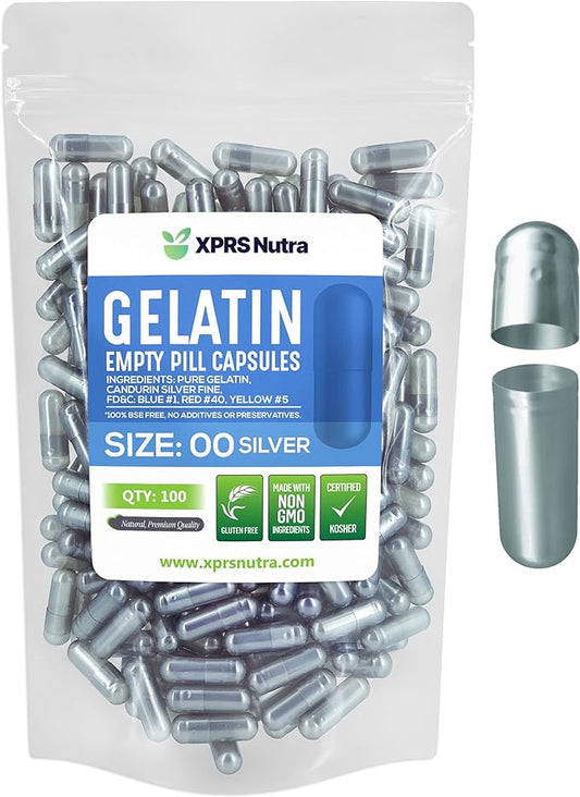 XPRS Nutra Size 00 Empty Capsules - 100 Count Empty Gelatin Capsules - Empty Pill Capsules - DIY Capsule Filling - Fillable Pill Capsules Empty Gel Caps (Silver)