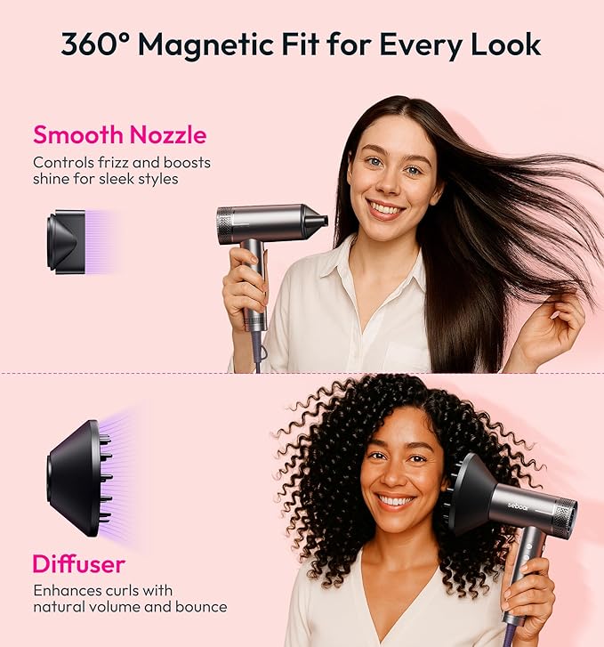 High-Speed Ionic Hair Dryer with Diffuser, Professional LCD Display Thermo-Control Blow Dryer, 1500W Fast Dry, 500 Million Ionic Hairdryer, Low Noise, Lightweight for Travel Home Salon
