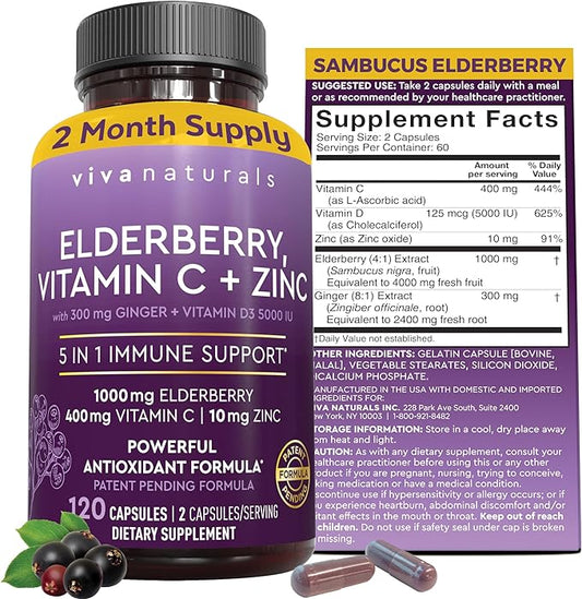 Viva Naturals Elderberry with Vitamin C and Zinc for Adults - 5 in 1 Sambucus Black Elderberry Capsules with Vitamin D3 5000 IU Immunity Supplement, Sambucus Elderberry Immune Support Supplement