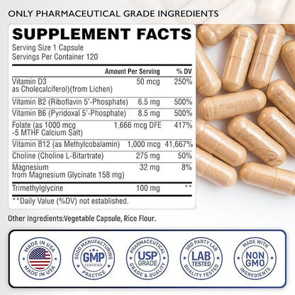 Methylated Multivitamin 550mg - Methylated B Complex, L-MTHF & B12 + TMG - for Men & Women - Methylation Support, Energy & Heart - Pharmaceutical Grade, Laboratory Tested - Made in USA - 120 Capsules