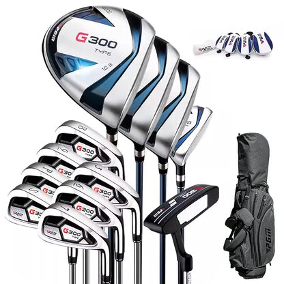 PGM Men's G300 Type 9/12 Pieces Complete Golf Club Set - Titanium #1 Driver, Draw-Biased Hybrid, High-Strength Stainless Steel Iron Set, High Forgiveness Putter, with Stand Bag