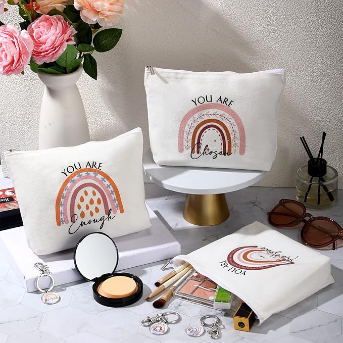 Sieral 20 Pcs Inspirational Gifts for Women Cosmetic Makeup Bags and Keychains Bulk with Inspirational Quotes Appreciation Gifts for Women Mom Nurse Teacher Graduation Employee(Rainbow)