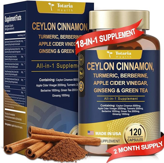 18-in-1 Ceylon Cinnamon 8000mg, Made in USA, 2000mg Apple Cider Vinegar 2000mg Turmeric 1000mg Berberine 1000mg Ginseng Plus Bitter Melon for Gut, Metabolism & Heart, 120 Vegan Capsules