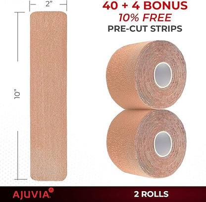 AJUVIA Synthetic Kinesiology Tape, 2 Rolls, 10% Bonus, 40 + 4 Precut Strips, Lasts up to 14 Days, Hypoallergenic and Waterproof K Tape for Muscle Pain Relief and Joint Support