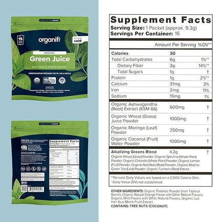 Organifi: GO Packs - Green Juice - Organic Superfood Supplement Powder - 15 Travel Packs - Organic Vegan Greens - Hydrates and Revitalizes