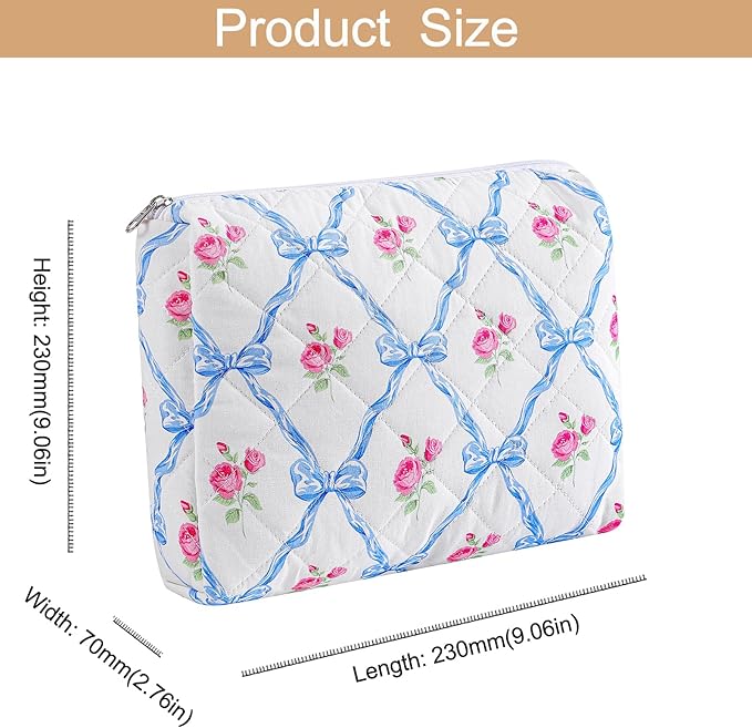 Quilted Cotton Makeup Bag Travel Cosmetic Bag for Women Girls, Zipper Make Up Pouch, Bow Pattern Toiletry Organizer Makeup, Portable Storage Bag (2 Pack: Blue Bowknot)