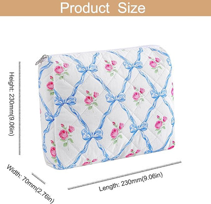 Quilted Cotton Makeup Bag Travel Cosmetic Bag for Women Girls, Zipper Make Up Pouch, Bow Pattern Toiletry Organizer Makeup, Portable Storage Bag (2 Pack: Blue Bowknot)