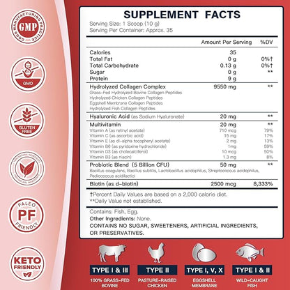 Collagen-Peptides-Powder with Probiotics - 5 Types of Hydrolyzed Collagen Peptides with Hyaluronic Acid, Biotin & Multivitamins - Skin, Hair, Joint & Gut Support - 35 Servings