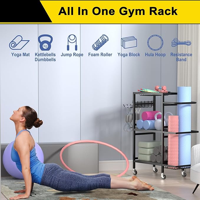 Home Gym Storage Rack, 3 Tier Yoga Mat Storage Rack with Wheel for Yoga Lover, Exercise Equipment and Workout Equipment Organizer, Yoga Mat Holder for Yoga Mats, Foam Roller and Dumbbells