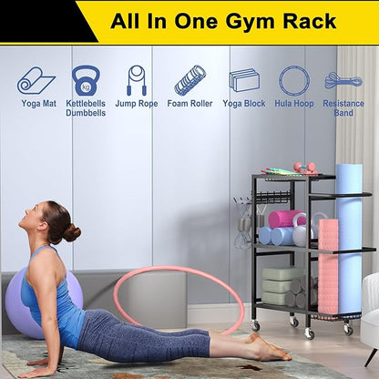 Home Gym Storage Rack, 3 Tier Yoga Mat Storage Rack with Wheel for Yoga Lover, Exercise Equipment and Workout Equipment Organizer, Yoga Mat Holder for Yoga Mats, Foam Roller and Dumbbells