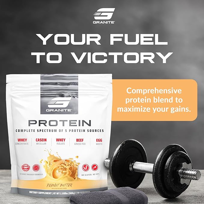 Granite Protein Powder | Whey Isolate & Concentrate| Casein for Lean Muscle Building & Workout Recovery | 30 Servings | Egg & Grass Fed Protein | 23g Protein from 5 Sources | Peanut Butter Flavor