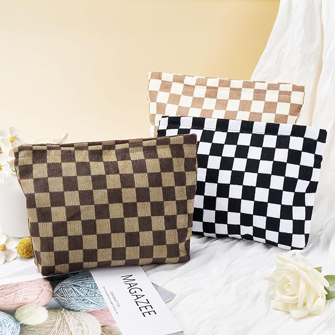 WOZEAH Corduroy Makeup Bag for Purse Small Cosmetic Pouch,Stylish Zipper Make up Pouch Travel Canvas Toiletry Bags(Dark Brown Checkered)
