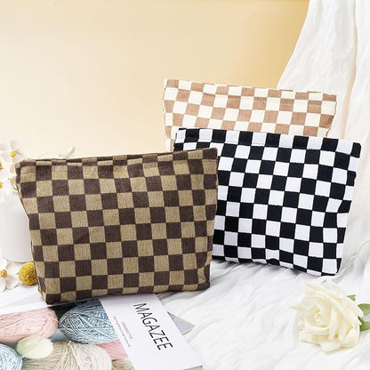 WOZEAH Corduroy Makeup Bag for Purse Small Cosmetic Pouch,Stylish Zipper Make up Pouch Travel Canvas Toiletry Bags(Black Checkered)