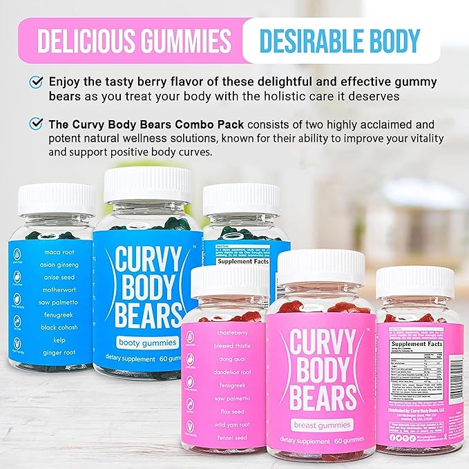 Bum & Chest Combo Pack Gummies for Women | Workout Aid | Fitness Supplement | with Essential Herbs, Vitamins, Multivitamins, Fenugreek, and Ginseng | Berry Flavored | (120 Gummies)