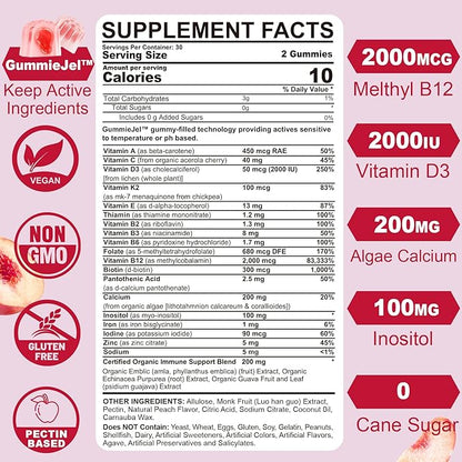 Sugar-Free Methylated Multivitamin for Women Gummies, Algae Calcium, Vitamin A, C, E, B12, D3 K2, Iron, Folate, Biotin, Inositol - Multi Vitamins & Minerals - Energy, Immune, Blood, Bone, Vegan 120Cts
