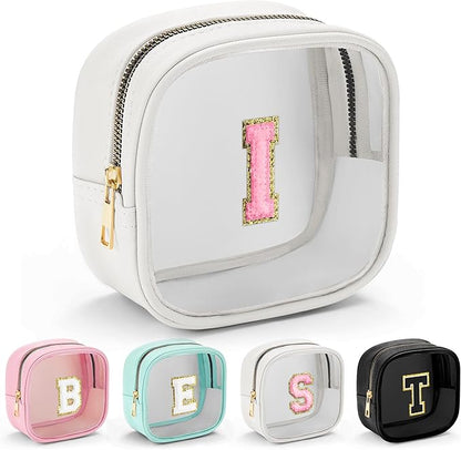 YOOLIFE Initial Make Up Bag Travel Toiletry Bag, Clear Makeup Bag Preppy Cosmetic Bags Organizer Travel Essentials Gifts for Women Teen Girlfriend Teacher Mom Birthday Mothers Day Gifts White I