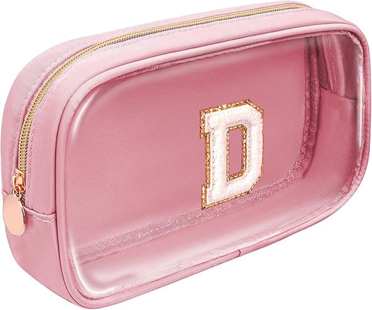 LETGO Initial Make Up Bag - Clear Travel Toiletry Bag, Preppy Cosmetic Organizer, Pink Gifts for Women, Teen, Girlfriend, Teacher, Mom, Birthday