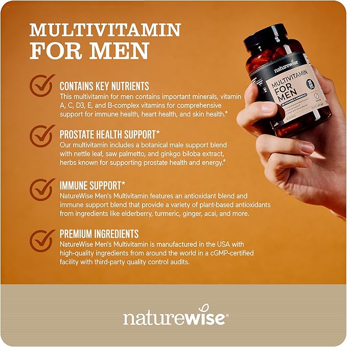 NatureWise Multivitamin for Men - Daily Male Support - Minerals & Herbs for Energy, Performance, Immunity - with Vitamin A, C, D, B-Complex - Soy & Gluten-Free, Non-GMO - 180 Capsules[3-Month Supply]