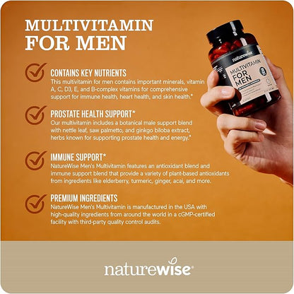 NatureWise Multivitamin for Men - Daily Male Support - Minerals & Herbs for Energy, Performance, Immunity - with Vitamin A, C, D, B-Complex - Soy & Gluten-Free, Non-GMO - 180 Capsules[3-Month Supply]
