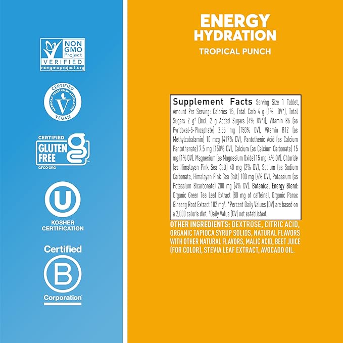 Nuun Hydration Energy Electrolyte Tablets with Caffeine, B Vitamins and Ginseng, Tropical Punch, 5 Essential Electrolytes for Hydration, Vegan, Non-GMO, 8 Pack (80 Servings)