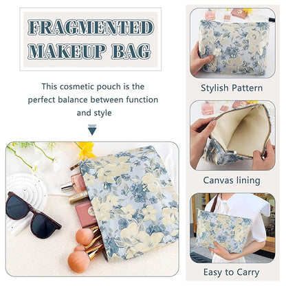 ZLFSRQ Flower Makeup Bag for Women Girls Travel Cute Floral Cosmetic Bags Large Cosmetic Pouch Purse with Zipper Portable Toiletry Bag Aesthetic Embossed Blue Beige Makeup Brushes Storage Organizer