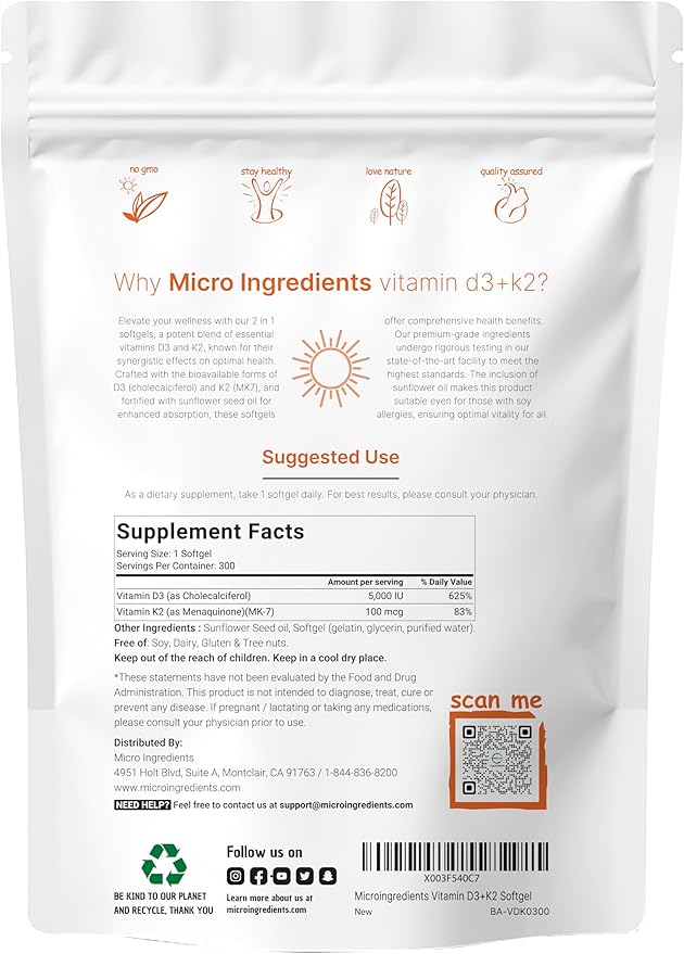 Micro Ingredients Vitamin D3 5,000 IU + K2 MK-7 100 mcg, 300 Softgels | 2-in-1 Bone, Immune & Heart Support | Easy to Swallow, Non-GMO