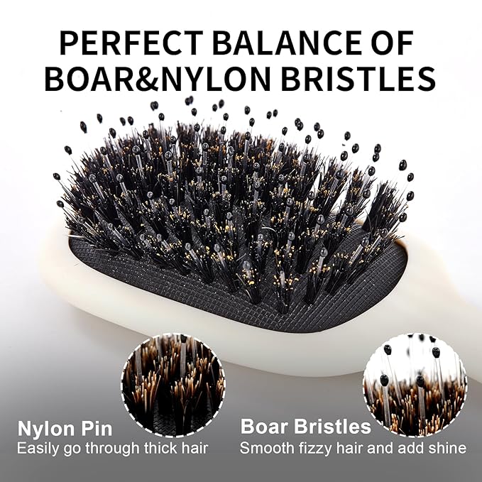 Mini Boar Bristles Hair Bursh, Travel Size Hair Brush for Women Men Kids, Protable Small Hair Brush for Pockets Purses, Mini Detangler Brush for Smooth Add Shine(White)