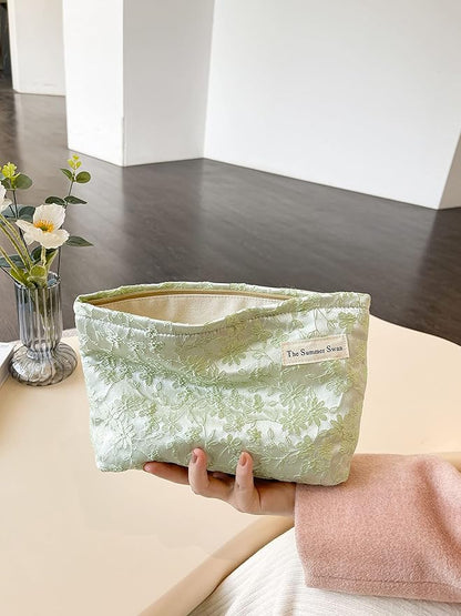 The Summer Swan | Floral Cosmetic Bag｜Large Aesthetic Travel Makeup Bag | Personal Item Bag | Preppy Makeup Pouch | Skincare Bag (Embroidery Green)