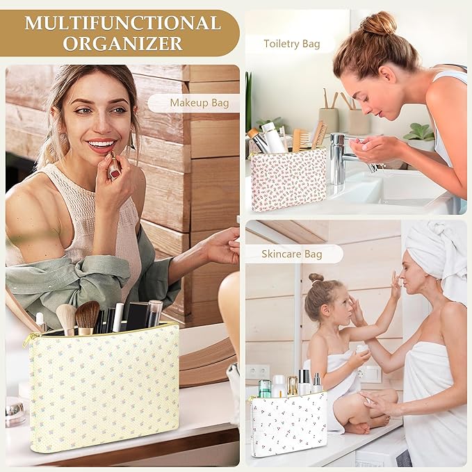 Quilted makeup bag Set for Women, Floral Cotton Makeup Bag Travel Cosmetic Pouch for Girls Make Up Organizer, Gift for Mothers Day, Birthday Gift for Her - Yellow