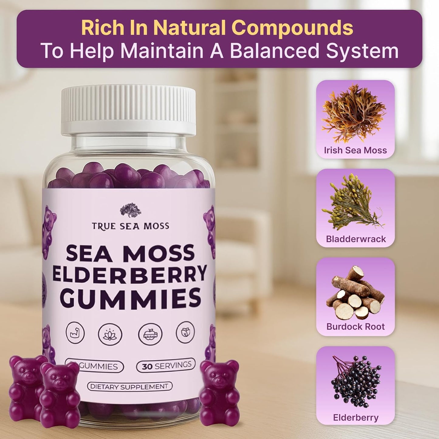 Sea Moss Elderberry Gummies with Magnesium, Burdock Root and Bladderwrack - Immune Support for Kids and Adults 60pcs - Bag Pack of 1