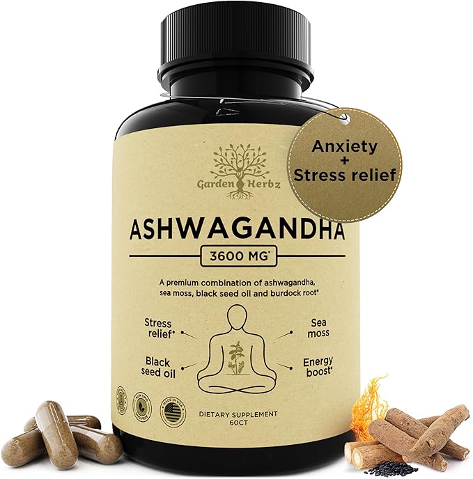 Organic Ashwagandha Root & Irish Sea Moss – 3,600 mg Ashwagandha Supplement with Black Seed Oil, & Burdock Root – Herbal Supplement for Energy, Stress Relief, Extra Strength, 60 Caps