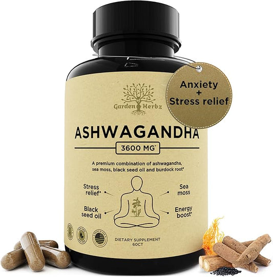 Organic Ashwagandha Root & Irish Sea Moss – 3,600 mg Ashwagandha Supplement with Black Seed Oil, & Burdock Root – Herbal Supplement for Energy, Stress Relief, Extra Strength, 60 Caps
