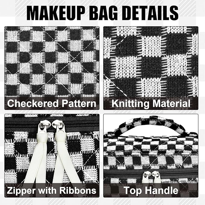 Quilted Makeup Bag Set, 3Pcs Large Checkered Corduroy Cosmetic Bags, Cute Coquette Makeup Bag Toiletry Zipper Pouch Bag for Women and Girls Checkered