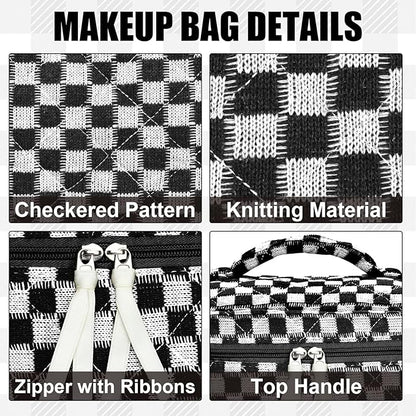Quilted Makeup Bag Set, 3Pcs Large Checkered Corduroy Cosmetic Bags, Cute Coquette Makeup Bag Toiletry Zipper Pouch Bag for Women and Girls Checkered
