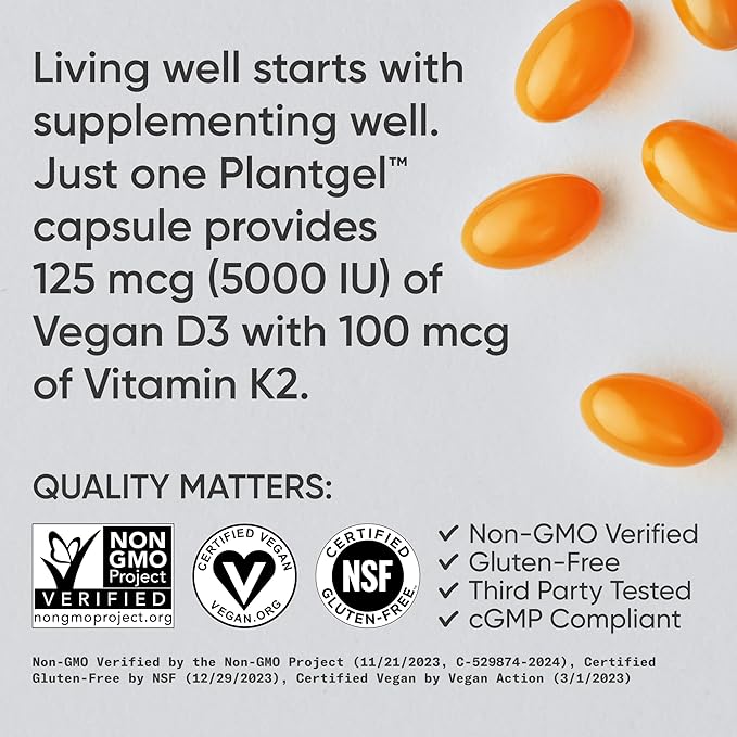 Sports Research Vitamin D3 + K2 w/ Coconut Oil - Vegan Vitamin D 5000iu & Mk7 Vitamin K 100mcg for Bone & Immune Support - Vegan Certified · Non-GMO · Soy Free - 60 Softgels