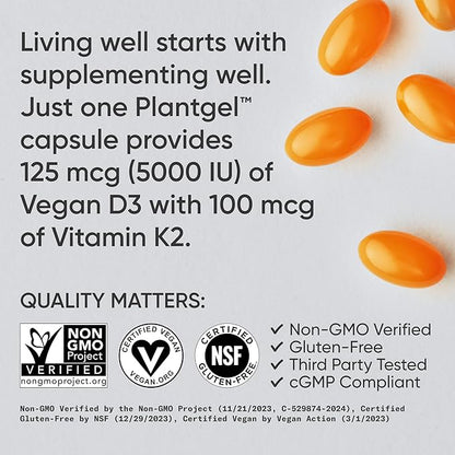 Sports Research Vitamin D3 + K2 w/ Coconut Oil - Vegan Vitamin D 5000iu & Mk7 Vitamin K 100mcg for Bone & Immune Support - Vegan Certified · Non-GMO · Soy Free - 60 Softgels