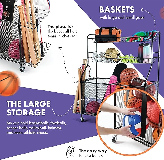 HOME IT Garage Sports Equipment Organizer - Garage Ball Storage Rack Organizer Holder with Baskets, Rolling Wheels & Breaks - Large Capacity Heavy Duty Steel Ball Storage Cart