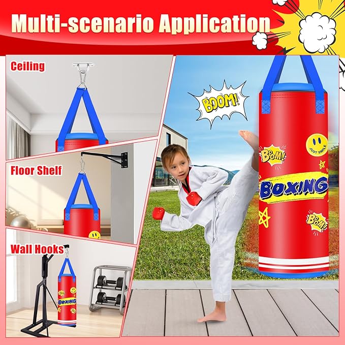 Hanging Punching Bag for Kids, 2FT PU Leather Kicking Bag with Boxing Bag Gloves, Heavy Bag Boxing Equipment for Training Karate Muay Thai Kick Taekwondo(Unfilled)