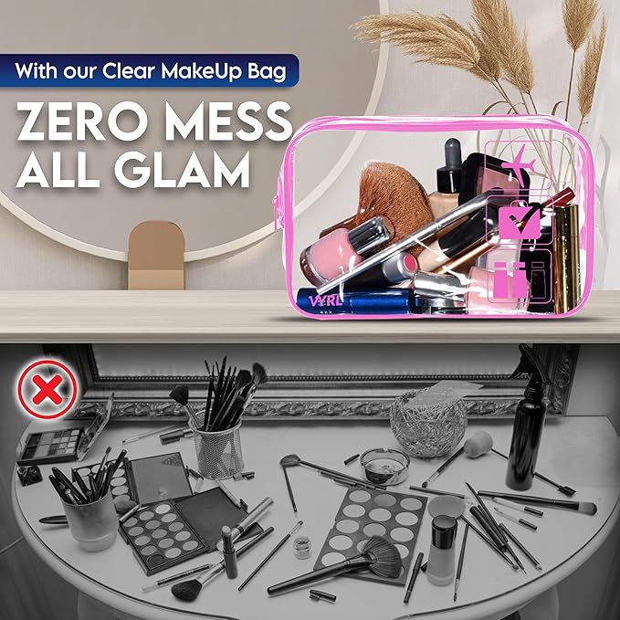 VYRL 2 Pack Clear Makeup Bag - Quart Size 3-1-1 TSA Approved Toiletry Bag with Zipper - Water-Resistant Durable PVC Clear Toiletry Bag for Carry-on Airport Travel Accessories - Rose Pink