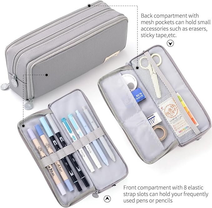 CICIMELON Large Capacity Pencil Case 3 Compartment Pouch Pen Bag for School Teen Girl Boy Men Women (Gray)