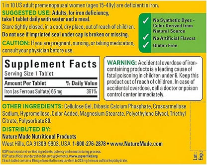 Nature Made Iron 65 mg (from Ferrous Sulfate) Tablets for Red Blood Cell Formation (365 ct.).