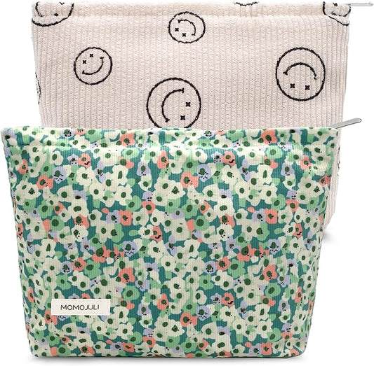 Corduroy Makeup Bag Cosmestic Bag Large Capacity Ladies Women Aesthetic Make Up Organizer Accessories Zipper Pouch Purse Green Flower+Beige